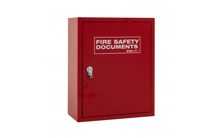 Red document cabinet with seal latch