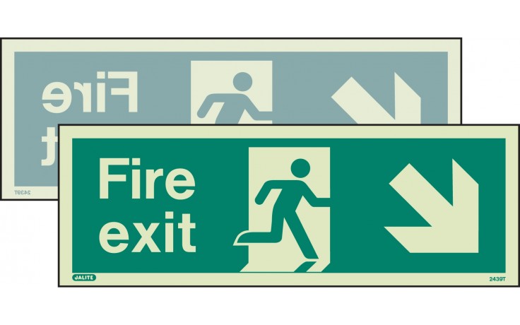 Double-sided Fire Exit sign down to the right or down to the left