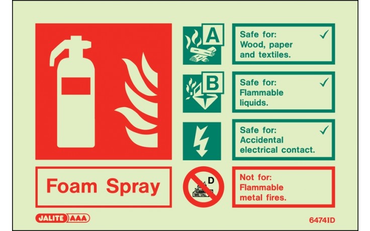 Sign FOAM SPRAY Photolum. Safe for accidental use on electric fires