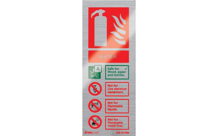Brushed aluminium water extinguisher identification sign