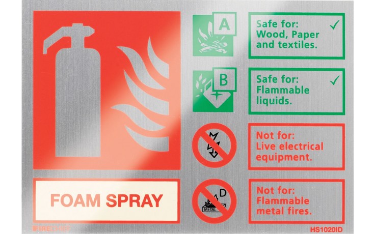 Brushed aluminium Spray Foam extinguisher identification sign