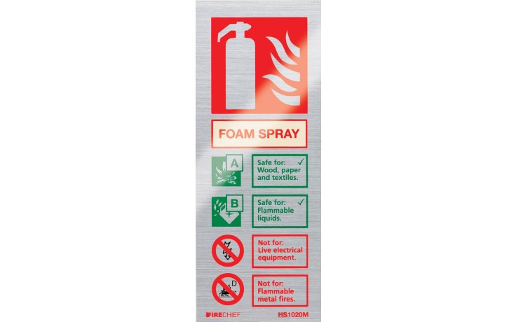 Brushed aluminium Spray Foam extinguisher identification sign