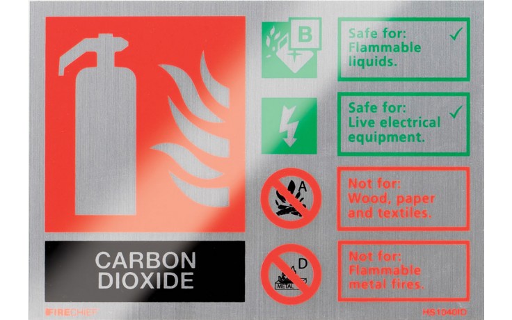 Brushed aluminium CO2 extinguisher identification sign