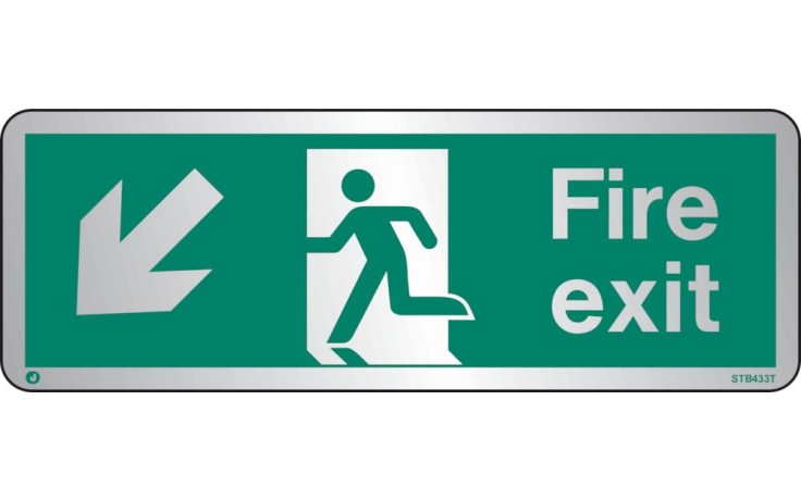 Brushed Stainless steel Fire exit sign down to the left with radius corner