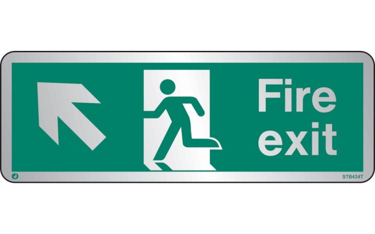 Brushed Stainless steel Fire Exit sign up to the left with radius corner
