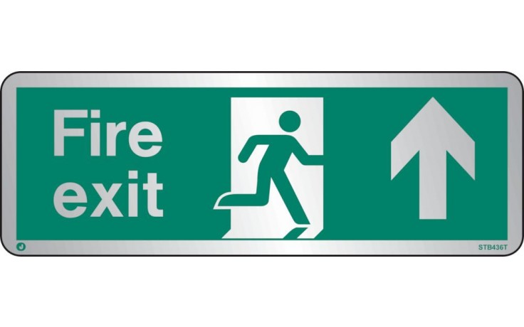 Brushed Stainless steel Fire exit sign up/forwards with radius corner