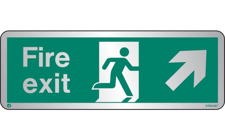 Brushed Stainless steel Fire exit sign up to the right with radius corner