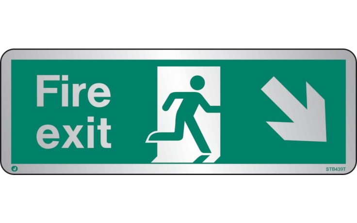 Brushed Stainless steel Fire exit sign down to the right with radius corner
