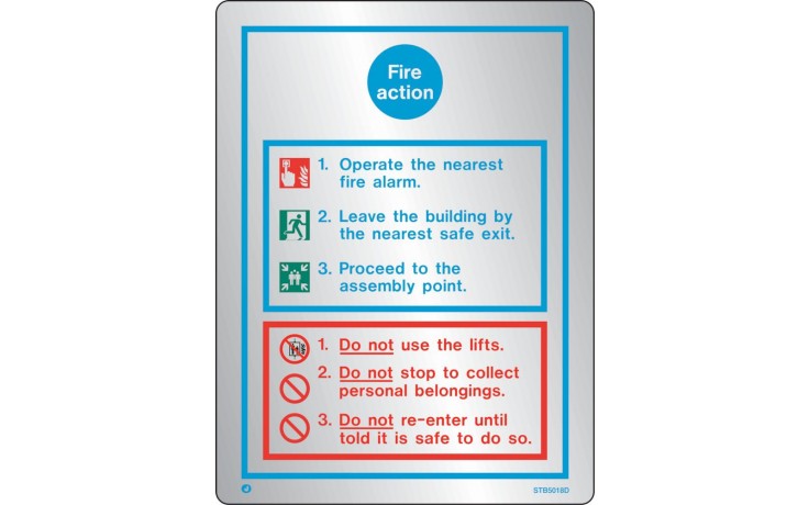 Brushed Stainless steel General fire action notice with radius corner