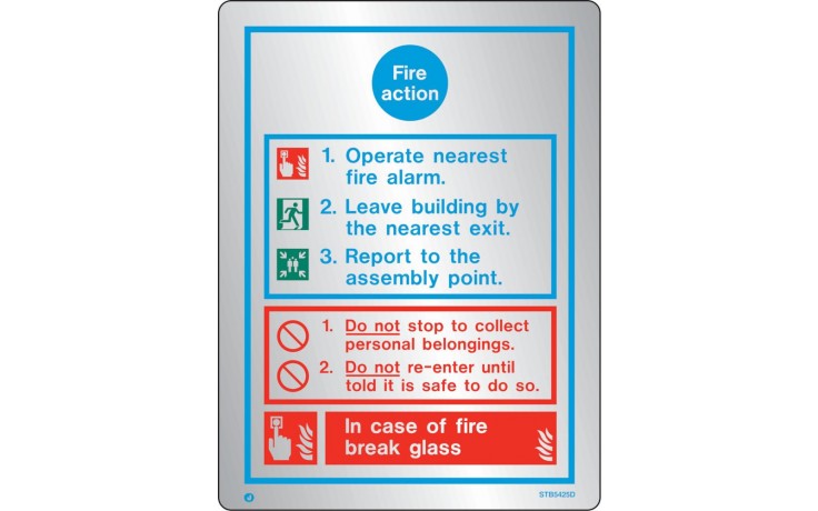 Brushed Stainless steel General fire action notice with radius corner