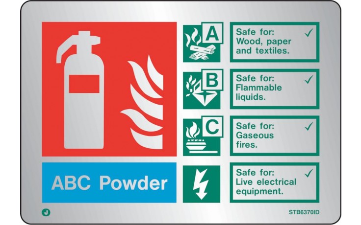 Brushed Stainless steel ABC Powder extinguisher identification sign with radius corner