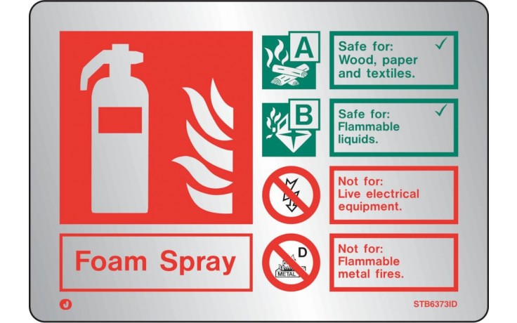 Brushed Stainless steel Foam Spray extinguisher identification sign with radius corner
