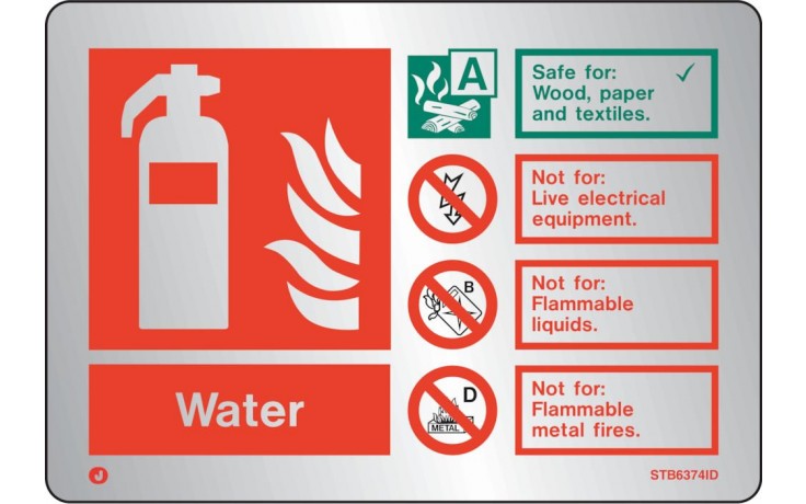 Brushed Stainless steel Water extinguisher identification sign with radius corner