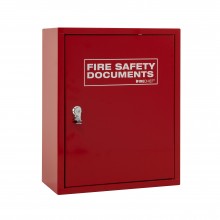 Red document cabinet with seal latch