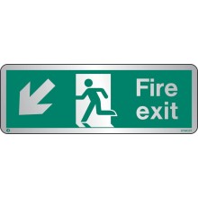 Brushed Stainless steel Fire exit sign down to the left with radius corner