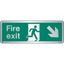 Brushed Stainless steel Fire exit sign down to the right with radius corner