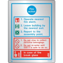 Brushed Stainless steel General fire action notice with radius corner